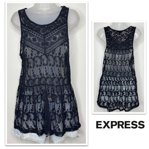 EXPRESS Long Black Lace Embroidered Tank Top. Size Medium - Picture 1 of 10